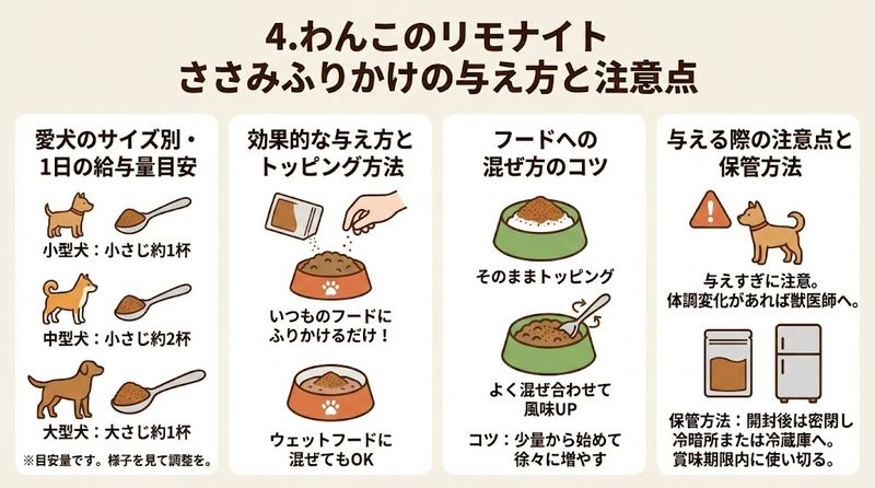 4.わんこのリモナイト ささみふりかけの与え方と注意点